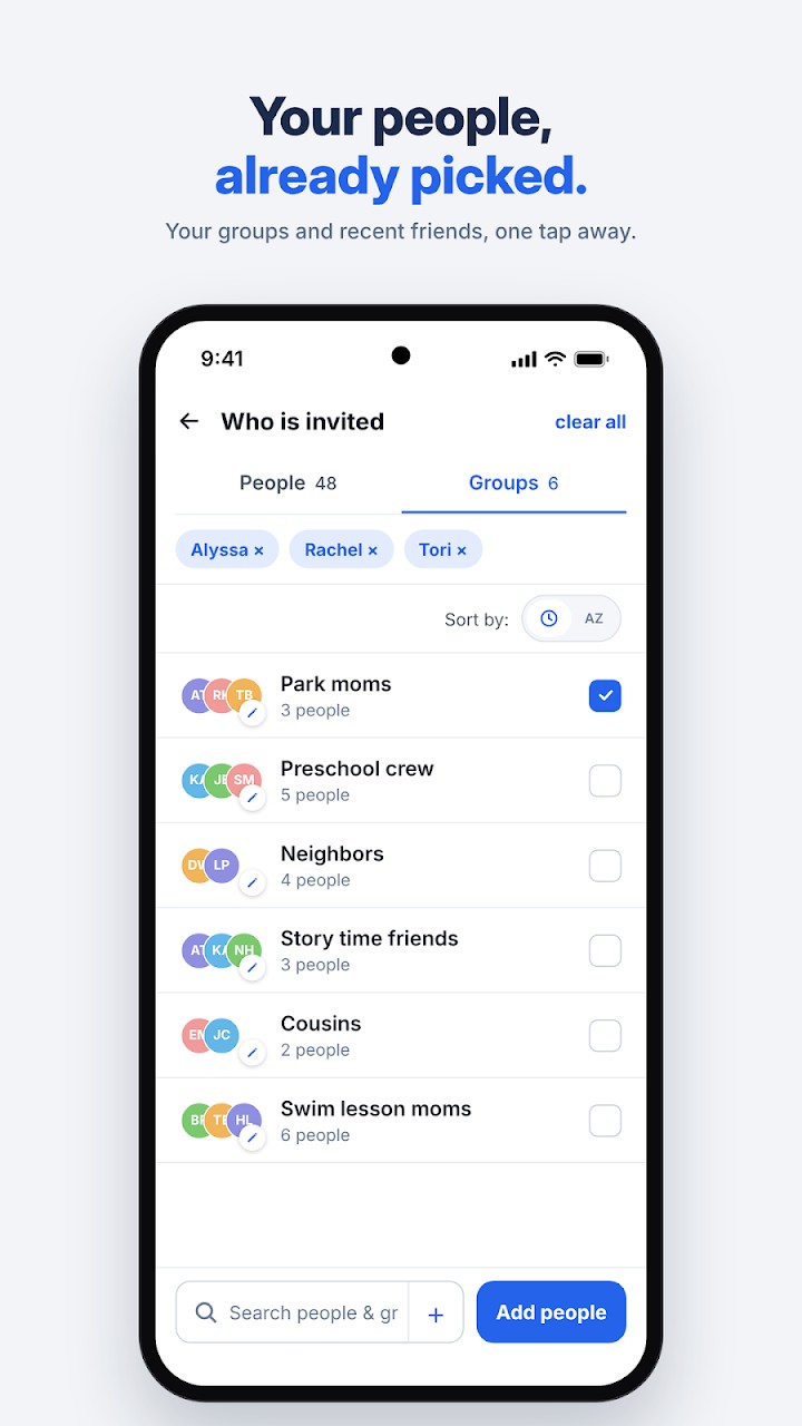 AtPark invite list with saved groups of friends ready to pick