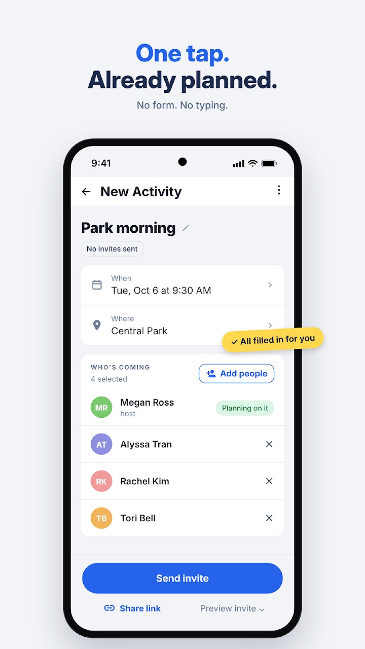 AtPark new activity screen: one tap creates a playdate with the time, place and friends filled in