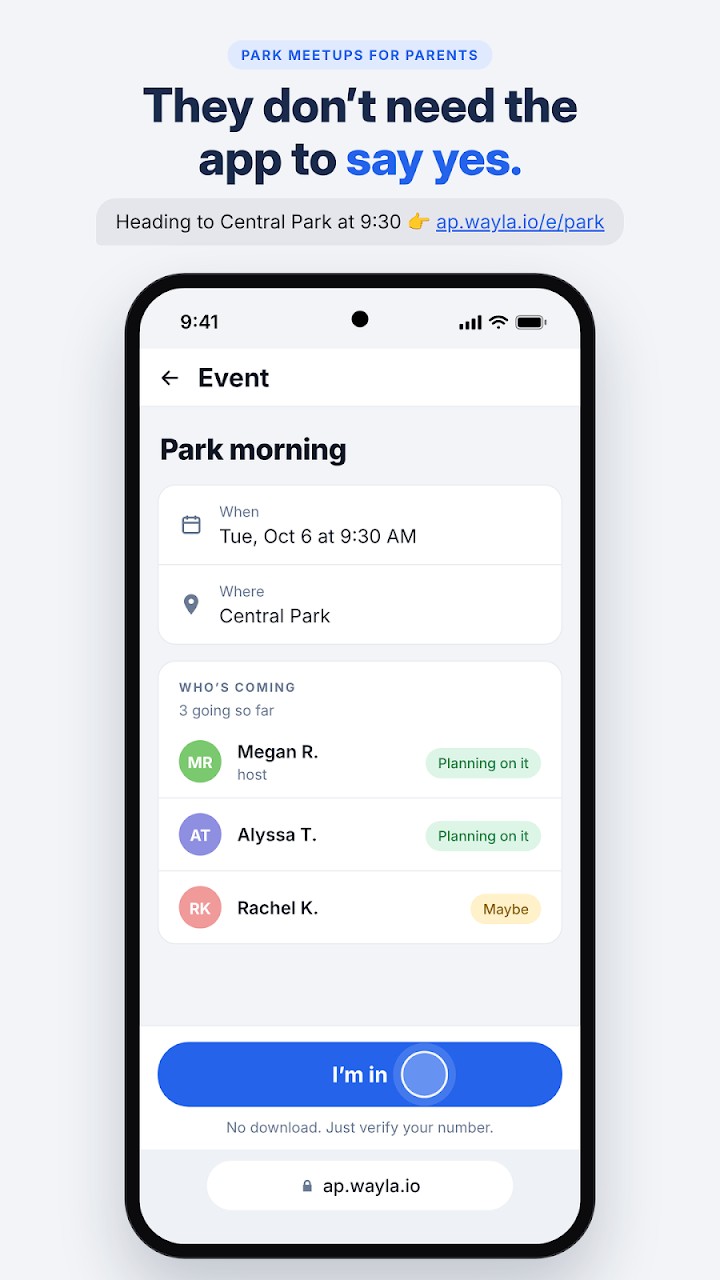 AtPark invite screen: friends RSVP from a link without downloading the app