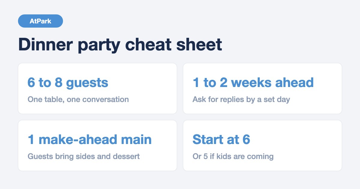 Dinner party cheat sheet: six to eight guests, invite one to two weeks ahead, one make-ahead main, start at 6 or 5 with kids