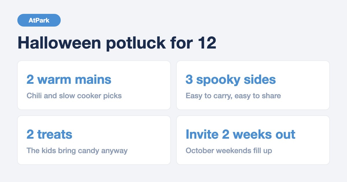 Halloween potluck cheat sheet for 12 guests: 2 warm mains, 3 spooky sides, 2 treats, invite two weeks ahead